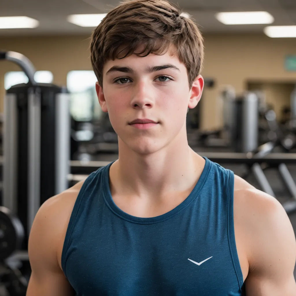 a young man standing in a gym with a rack of exercise equipment behind him and a row of exercise equipment behind him, private press, a character portrait, Chris Spollen, kai carpenter