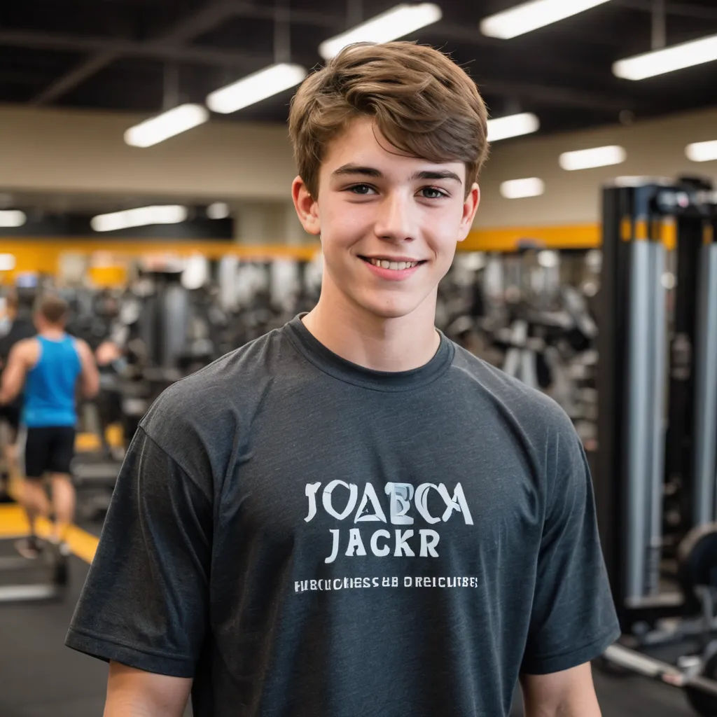 a young man standing in a gym with a smile on his face and a row of exercise machines behind him, private press, a character portrait, Andrew Domachowski, kai carpenter
