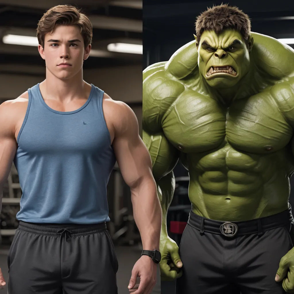 a man in a blue shirt and a man in a blue shirt with a green face and a green head, photorealism, computer graphics, Anthony Palumbo, weta digital
