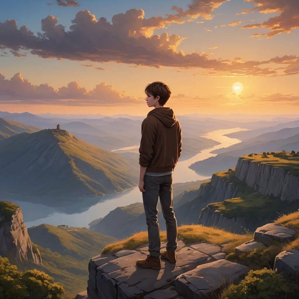 a man standing on a cliff looking at the sunset over a valley with mountains and a river below him, fantasy art, a detailed matte painting, Christophe Vacher, official art
