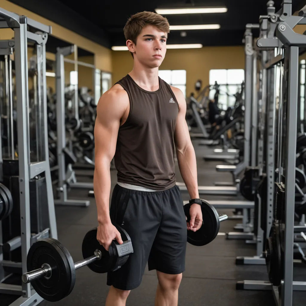 a man holding a dumbbell in a gym with a barbell in his hand and a weight machine behind him, american barbizon school, a stock photo, Andor Basch, portrait photography