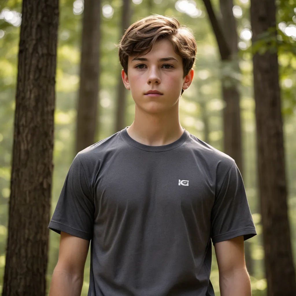 a young man standing in front of a forest of trees wearing a black shirt and a black hat with a white k logo on it, heidelberg school, a character portrait, Cedric Seaut (Keos Masons), kai carpenter