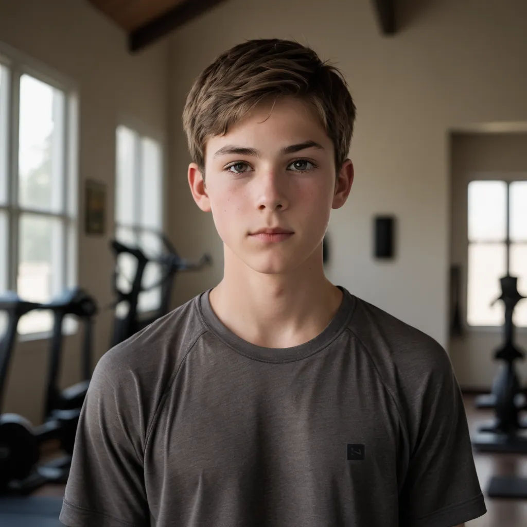 a young boy standing in a gym with a crossfit machine in the background and a window in the background, barbizon school, a character portrait, Daniel Lieske, kai carpenter