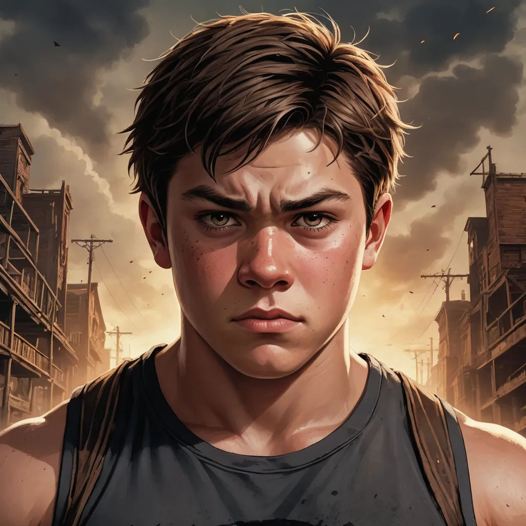 a young man with a serious look on his face in a city with a sky background and a building with a lot of smoke, sots art, a character portrait, Aaron Jasinski, comic cover art