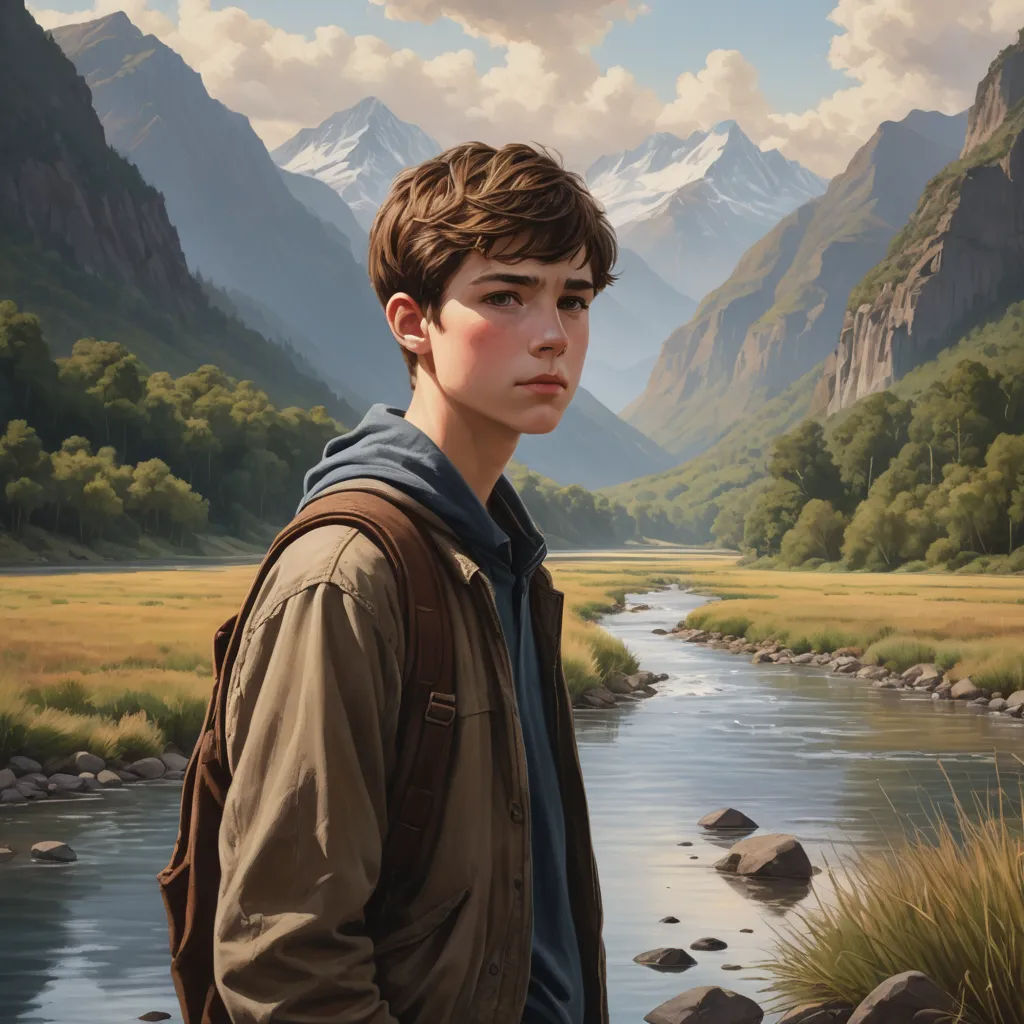 a painting of a boy standing in front of a mountain stream with a mountain range in the background and a river running through it, american scene painting, a hyperrealistic painting, Aaron Jasinski, highly detailed digital painting