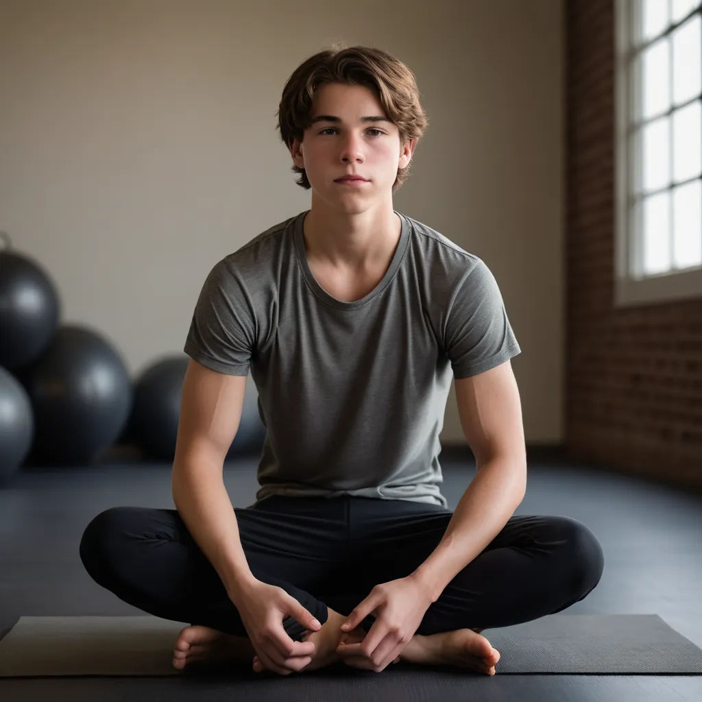 a young man sitting on a yoga mat in a room with yoga balls in the background and a window, private press, a stock photo, Alex Grey, kai carpenter
