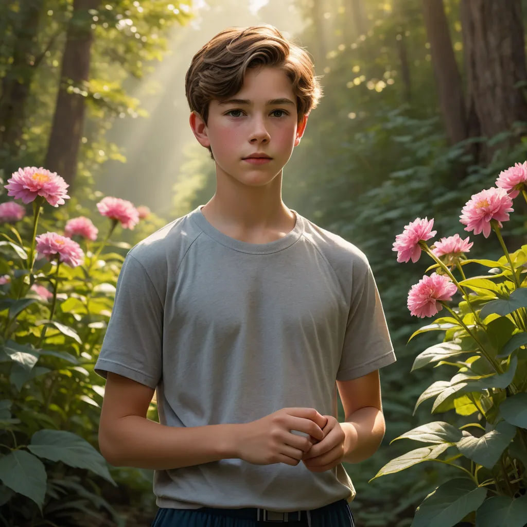 a young boy standing in a forest with pink flowers in front of him and a sunbeam behind him, naturalism, a character portrait, Daniel Lieske, anamorphic lens flare