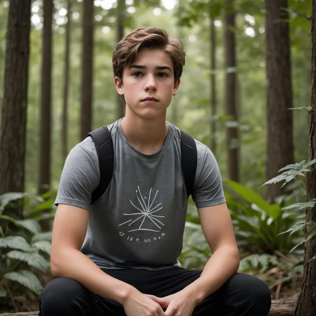a young man sitting in the middle of a forest with his hands crossed and looking at the camera with a serious look on his face, vancouver school, a character portrait, Adam Paquette, kai carpenter