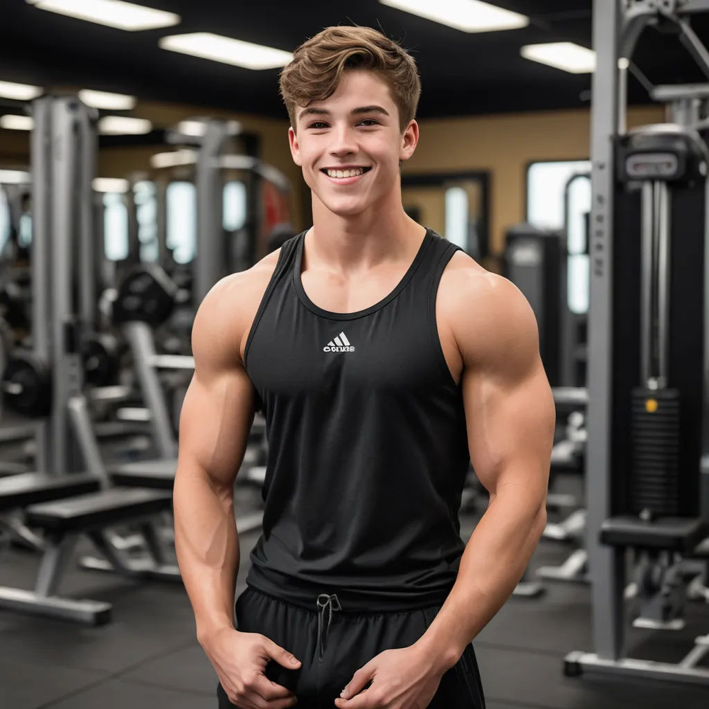 a man standing in a gym with his hands in his pockets and smiling at the camera, with a row of exercise equipment behind him, private press, a stock photo, Chase Stone, kai carpenter
