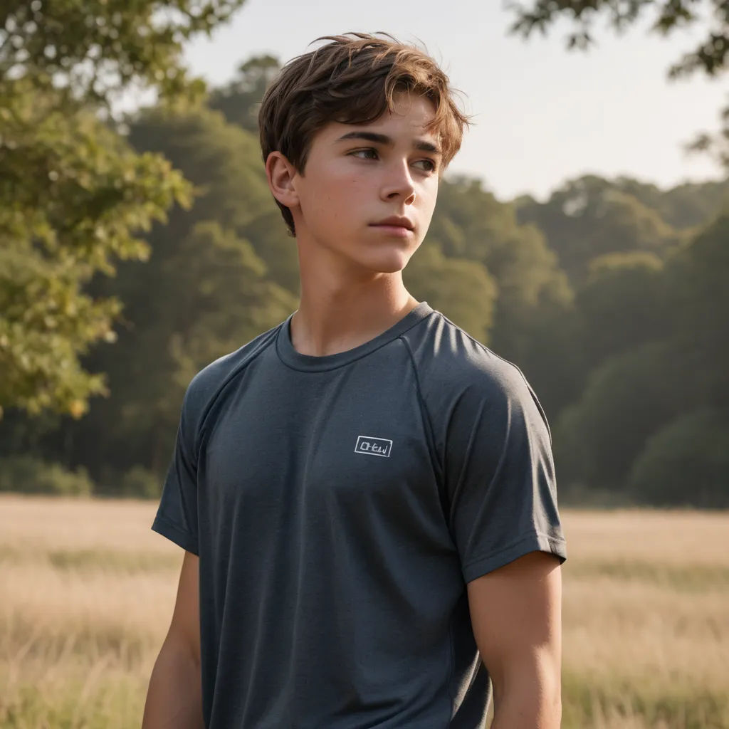 a young man standing in a field of grass with trees in the background and a field of grass in the foreground, barbizon school, a character portrait, Christian Hilfgott Brand, kai carpenter