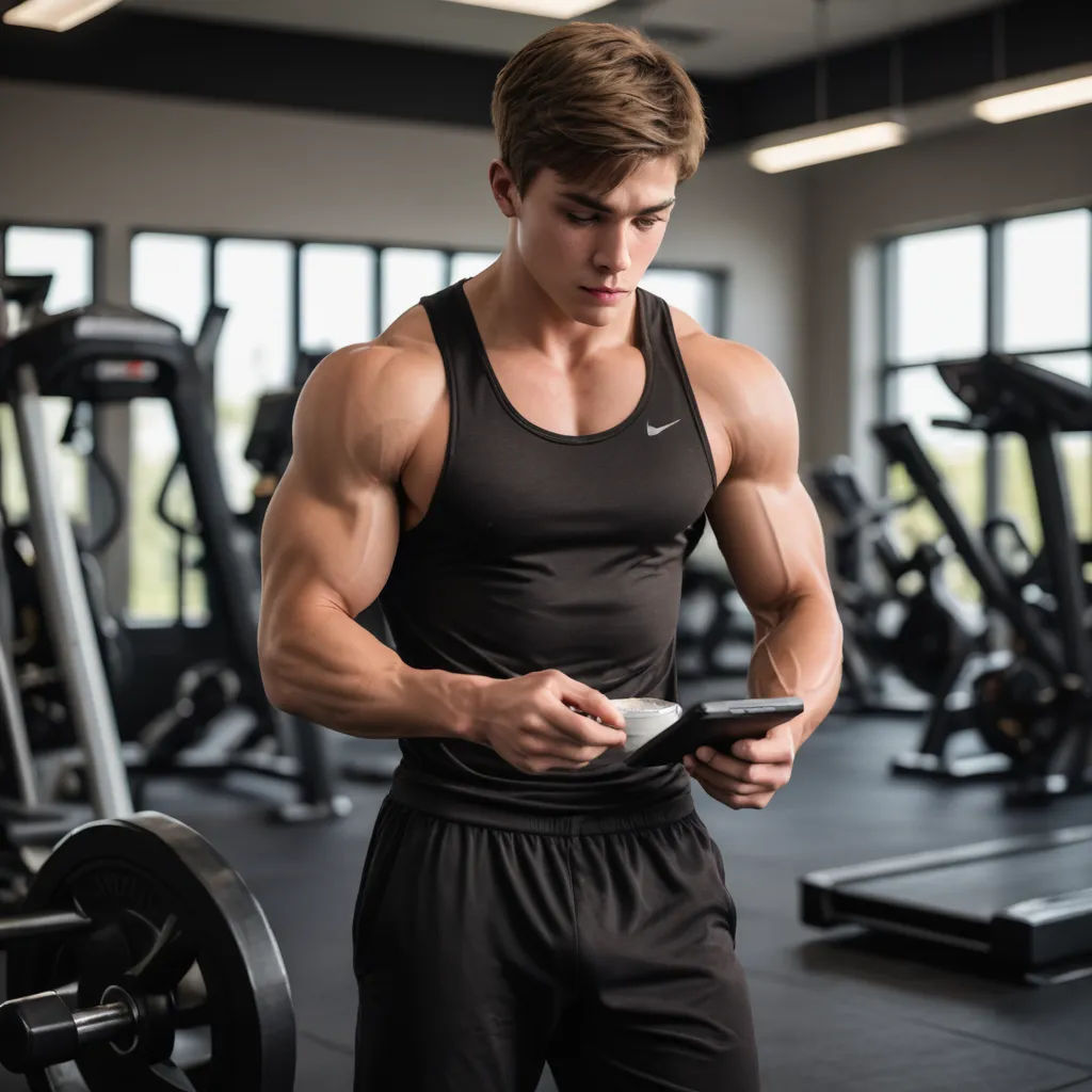 a man in a gym looking at his cell phone and holding a tablet computer in his hands while standing in front of a row of exercise equipment, new objectivity, a stock photo, Alexander Kucharsky, muscular