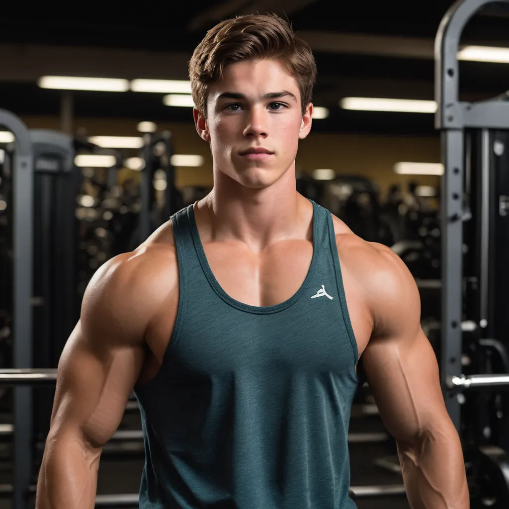 a man in a gym with a muscular body and a green tank top standing in front of a row of gym equipment, superflat, a character portrait, Chris Spollen, kai carpenter