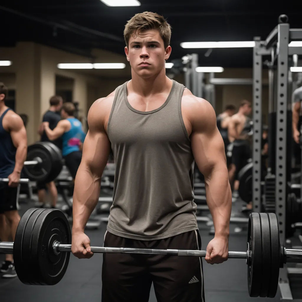 a man is holding a barbell in a gym with other people in the background, all looking at the camera, private press, a stock photo, Chase Stone, muscular