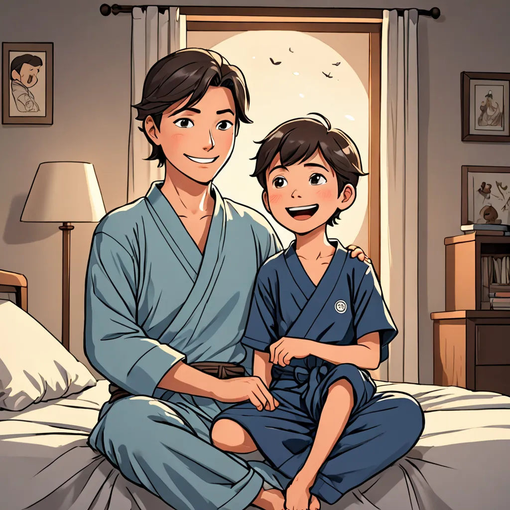 a man and a child sitting on a bed in a bedroom with a window in the background and a picture of a man and a child on the bed, dau-al-set, a comic book panel, Adam Manyoki, graphic novel