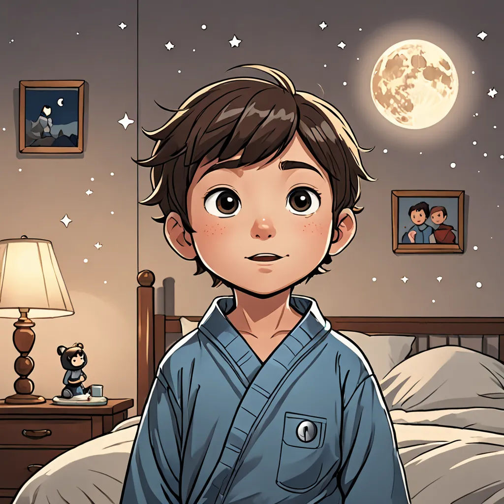 a boy in a blue shirt standing in a bedroom with a full moon in the background and a teddy bear on the bed, space art, a comic book panel, Arthur Pan, moon