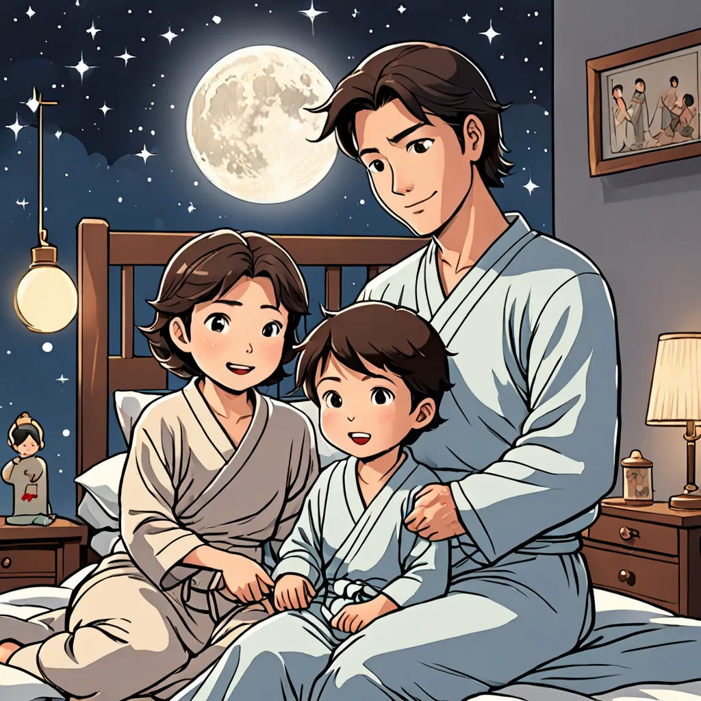 a man and two children are sitting on a bed in front of a full moon and stars night sky, ukiyo-e, a storybook illustration, Adam Manyoki, official art