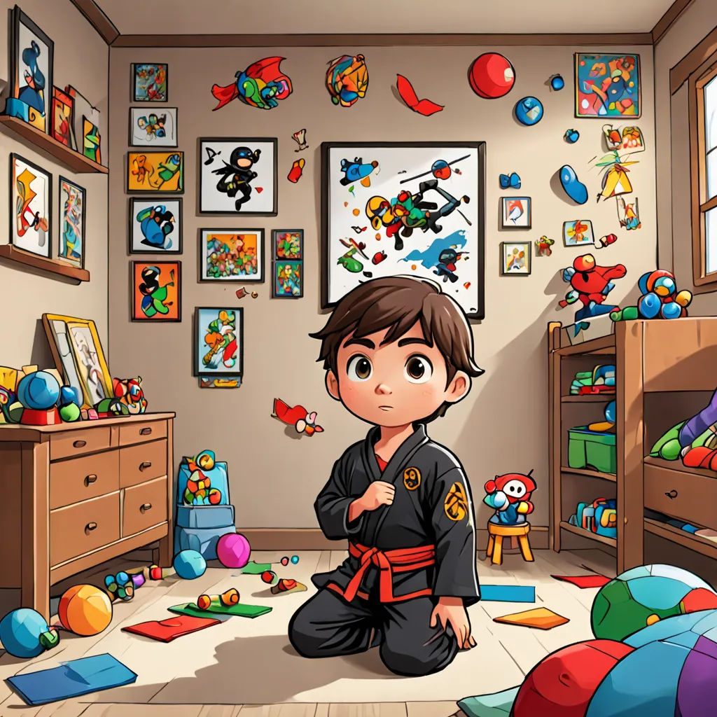 a boy in a room with toys and a wall with pictures on it and a teddy bear on the floor, sots art, a storybook illustration, Diego Gisbert Llorens, 2 d game art