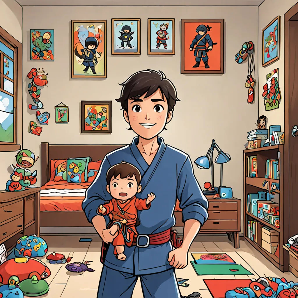 a man holding a baby in a room with toys on the floor and a wall with pictures on it, context art, a storybook illustration, Dustin Nguyen, official art