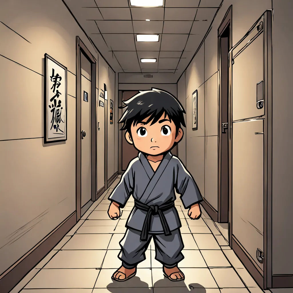 a cartoon of a boy in a kimono in a hallway with a door open and a sign on the wall, sots art, a manga drawing, Baiōken Eishun, official art