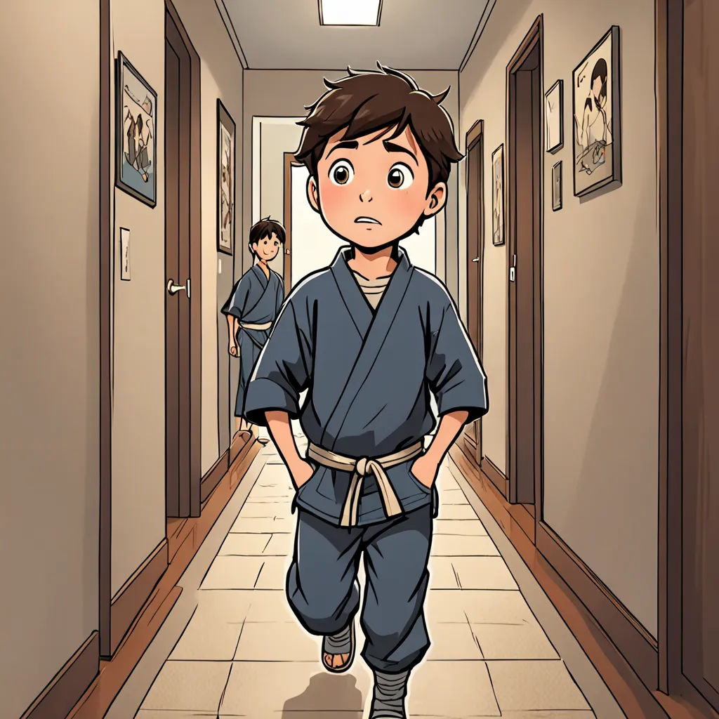 a cartoon of a man in a kimono walking down a hallway with another man in the background behind him, sots art, a comic book panel, Baiōken Eishun, graphic novel