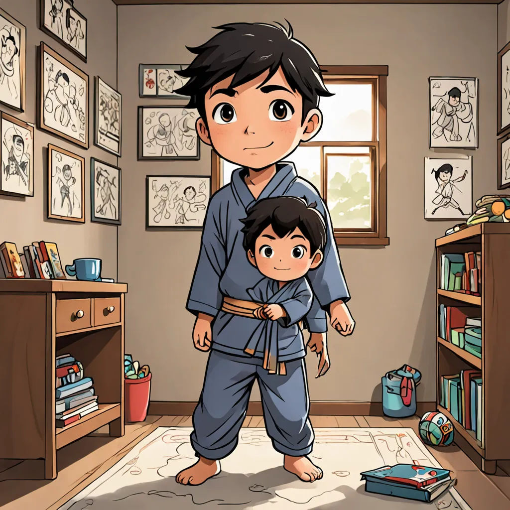 a man holding a child in a room with pictures on the wall and a rug on the floor in front of him, private press, a comic book panel, Adam Manyoki, official art