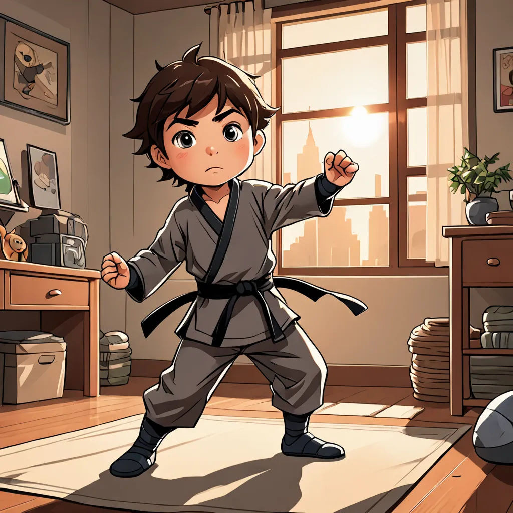a boy in a karate stance in a room with a desk and a computer monitor on it, with a window behind him, dau-al-set, a comic book panel, Dai Jin, official art