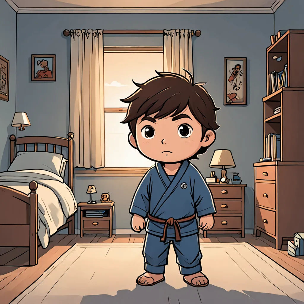 a boy in a bedroom with a bed and a dresser and a window with curtains and a bed in the background, sots art, a character portrait, Dai Jin, character portrait