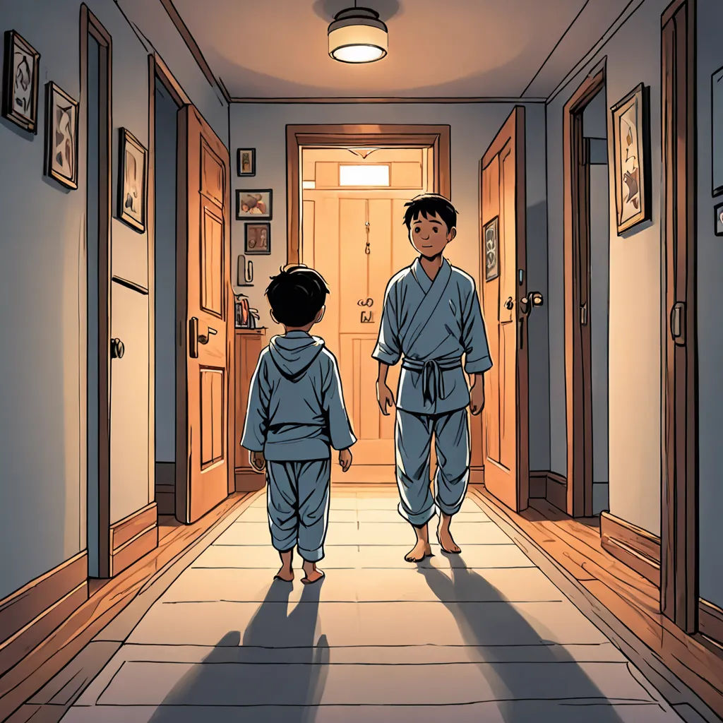 a man and a boy walking down a hallway in pajamas and robes, with a doorway in the background, private press, a comic book panel, Asaf Hanuka, graphic novel