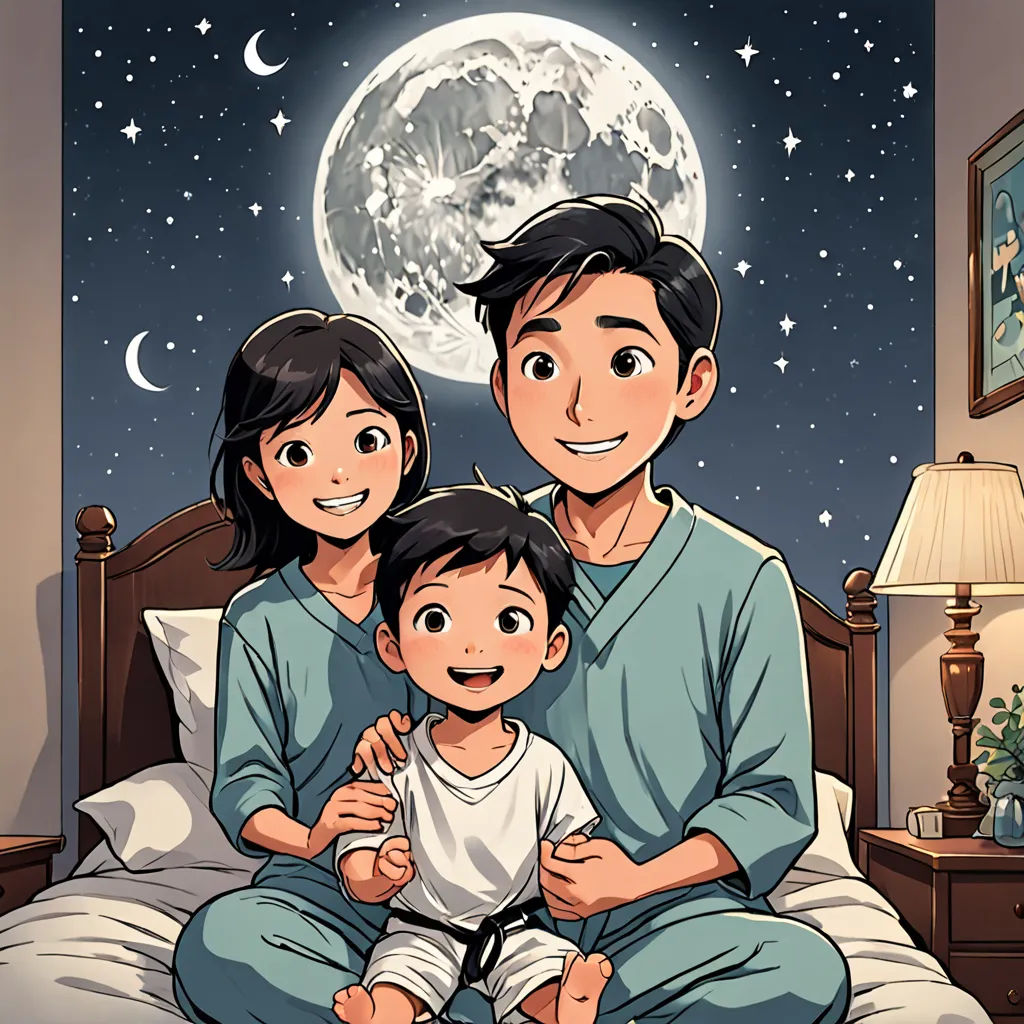 a family sitting on a bed in front of a full moon with a night sky background and stars and a lamp, space art, a storybook illustration, Asaf Hanuka, moon