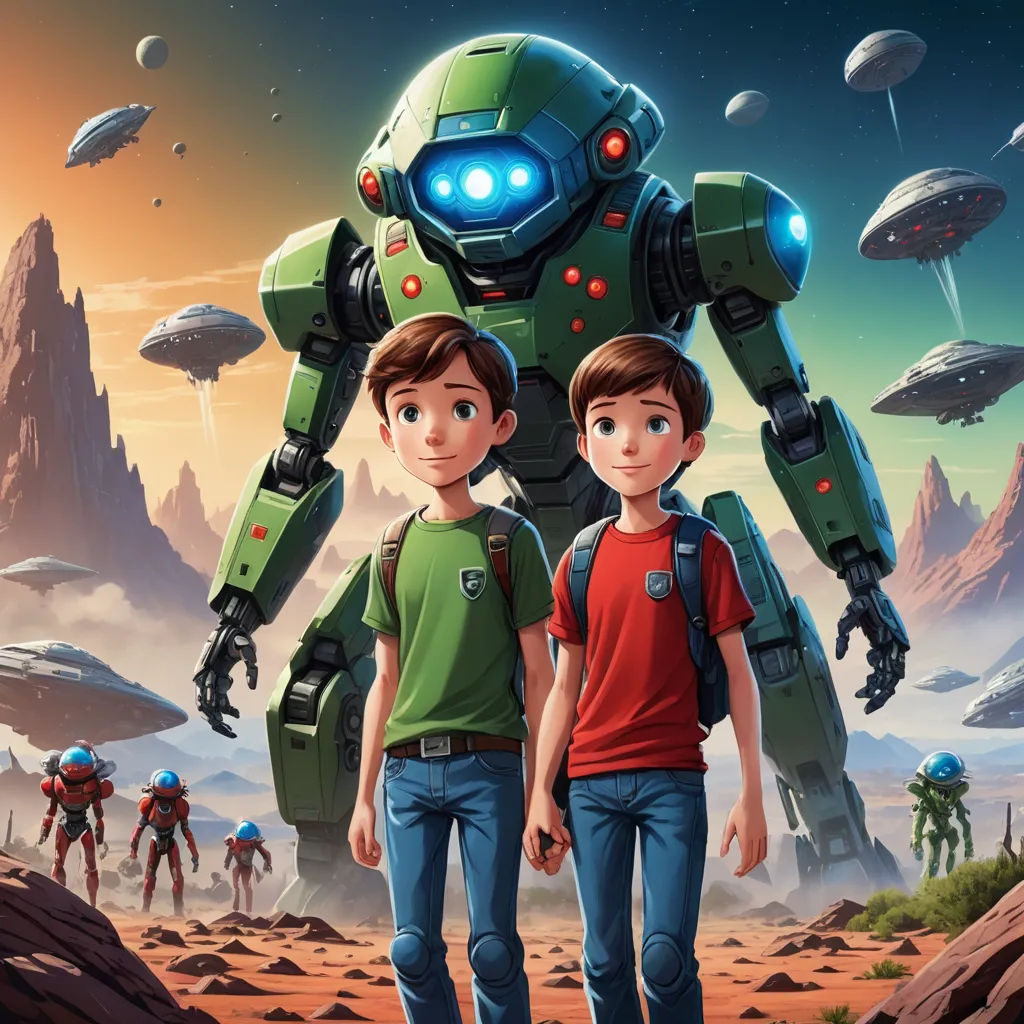a couple of kids standing next to each other in front of a giant robot with a sky background and a mountain, space art, poster art, Diego Gisbert Llorens, promotional image