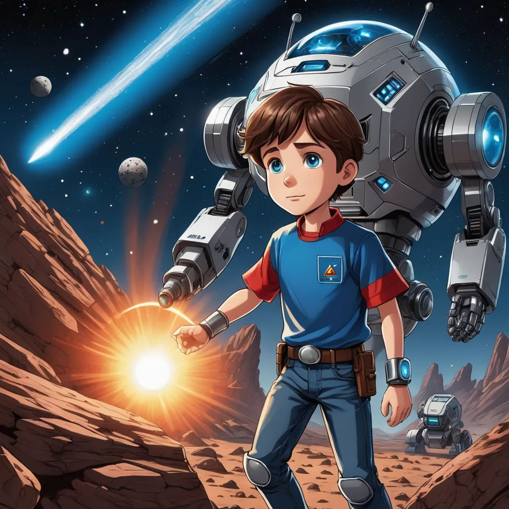 a boy in a blue shirt standing in front of a robot and a spaceship in the background with a bright light, space art, poster art, Adam Rex, promotional image