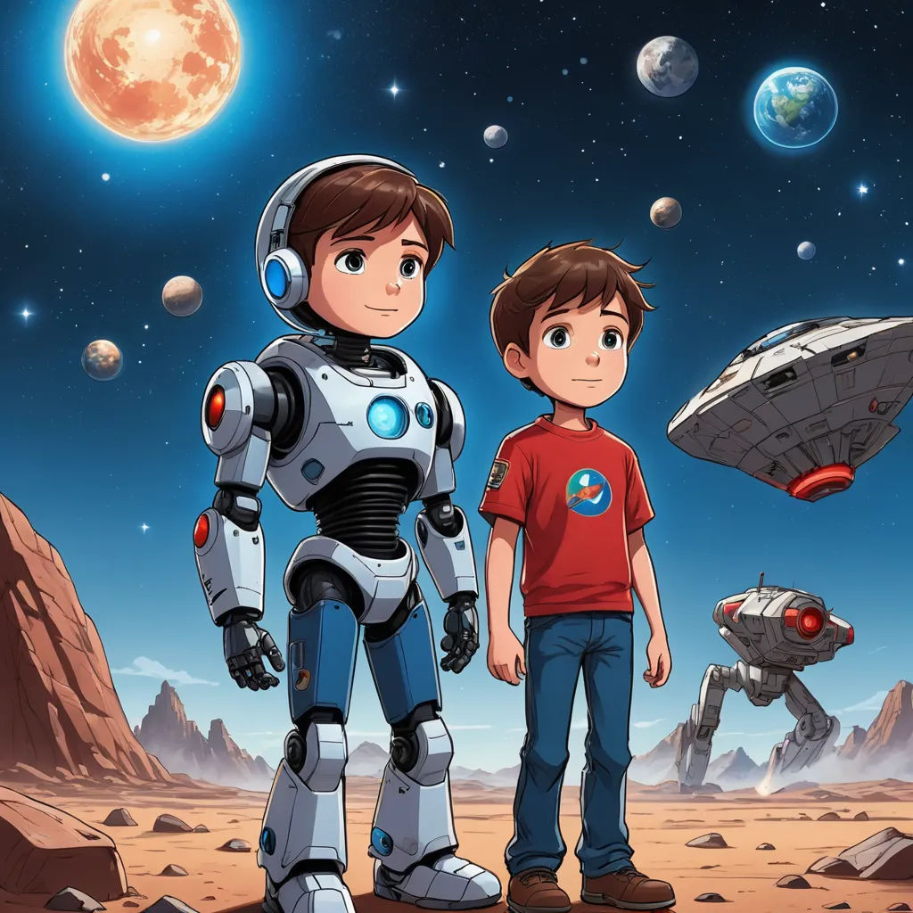 a boy and a boy in front of a space scene with a robot and a spaceship in the background, space art, concept art, Diego Gisbert Llorens, promotional image