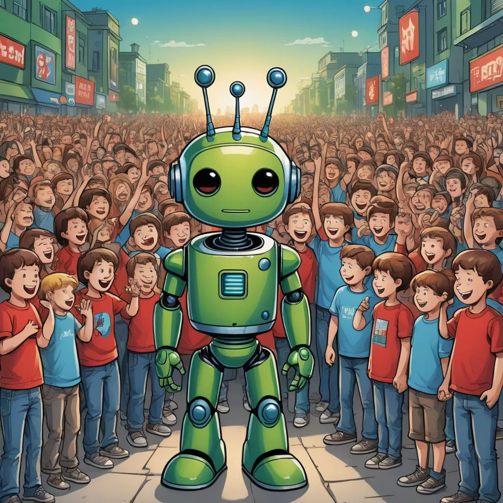 a green robot standing in front of a crowd of people in a city street with a crowd of people behind him, les automatistes, a storybook illustration, Adam Rex, robot