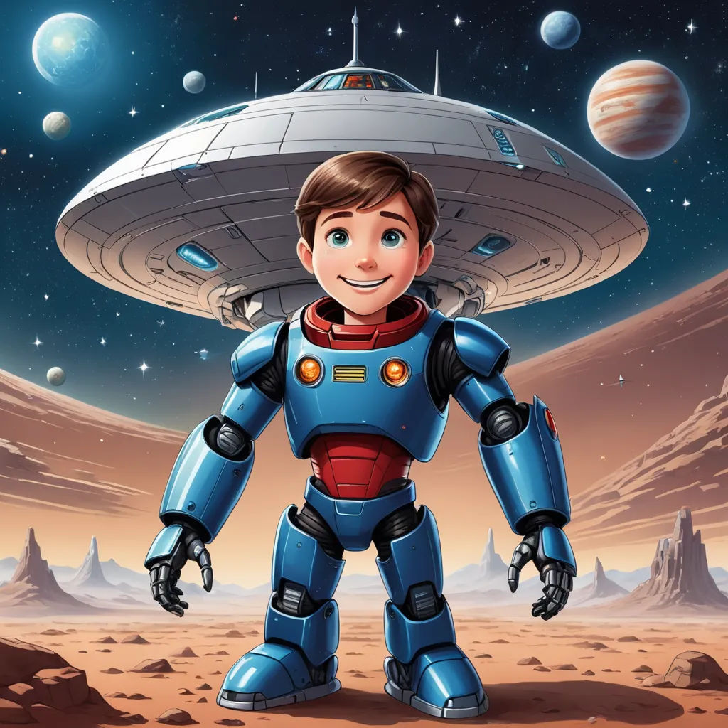 a cartoon character standing in front of a space station with a spaceship in the background and planets in the sky, space art, a storybook illustration, Adam Rex, comic cover art