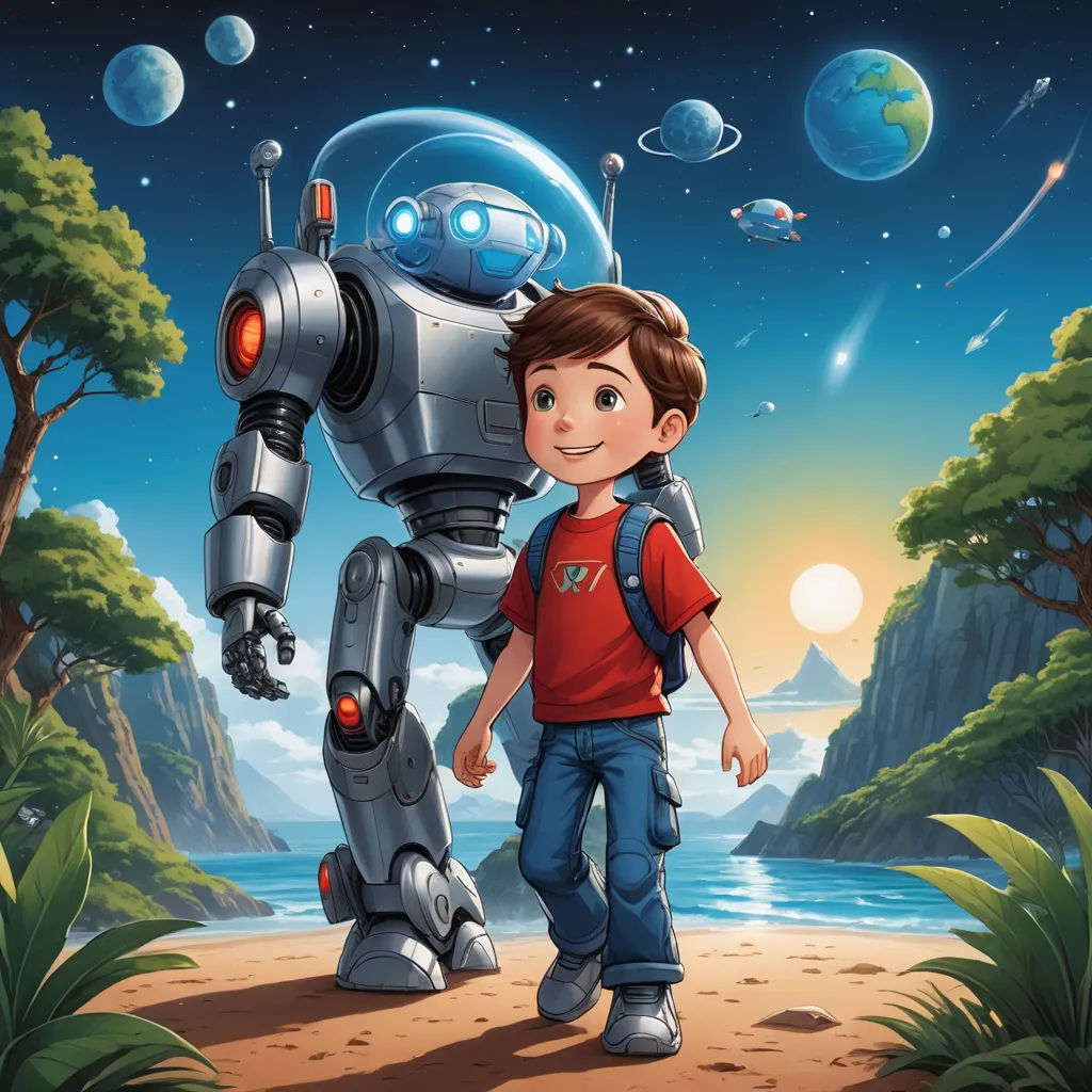 a boy standing in front of a robot in a forest with planets in the background illustration for children book illustration, space art, a storybook illustration, Aaron Jasinski, promotional image