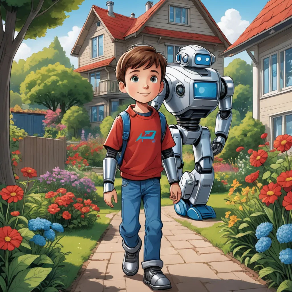 a boy walking down a sidewalk with a robot on his back and a house in the background with flowers, les automatistes, a storybook illustration, Aaron Jasinski, promotional image