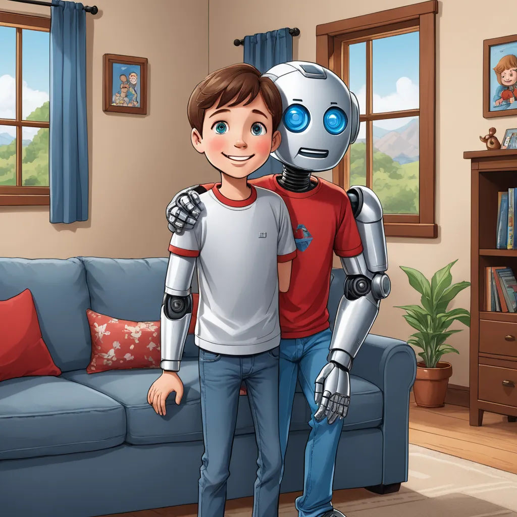 a boy and a robot standing in a living room together with a couch and a window in the background, les automatistes, a storybook illustration, Anson Maddocks, promotional image