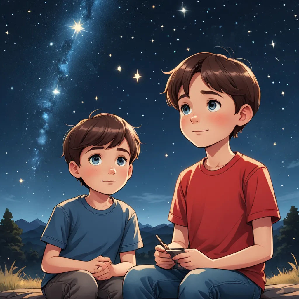 two boys sitting on a hill looking at a phone in the night sky with stars in the background and a bright star filled sky, space art, a storybook illustration, Diego Gisbert Llorens, stars