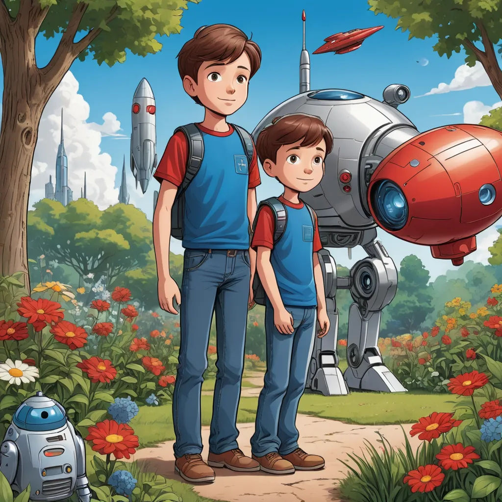 a boy and a boy standing in front of a robot in a garden with flowers and trees, and a red object in the background, les automatistes, a storybook illustration, Brothers Hildebrandt, promotional image