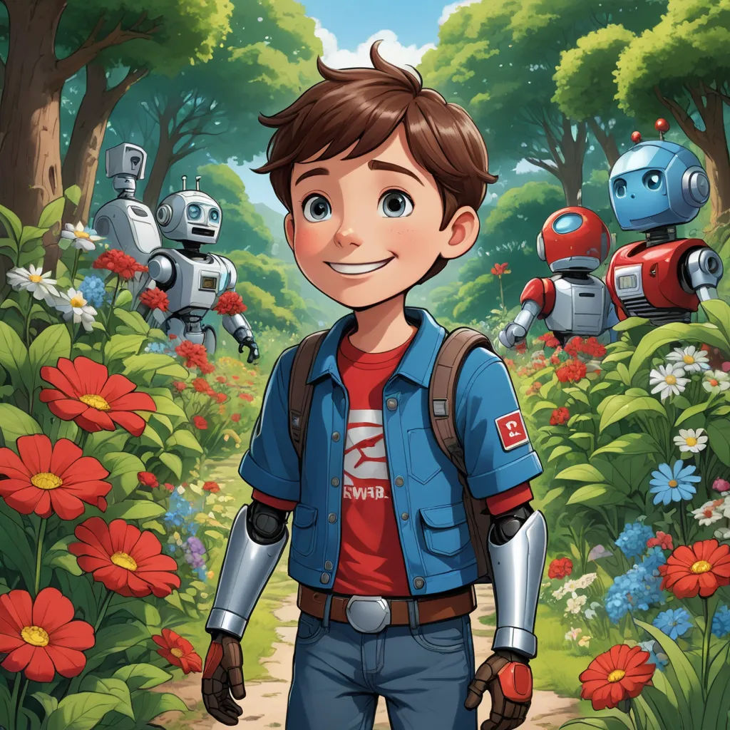 a boy in a blue jacket standing in a field of flowers and robots in the background with a red flower, sots art, concept art, Adam Rex, promotional image