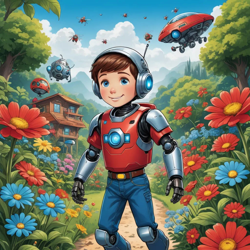 a boy in a red shirt and blue jeans standing in a field of flowers with a robot in the background, les automatistes, a storybook illustration, Americo Makk, promotional image