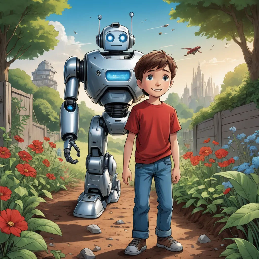 a boy standing in front of a robot in a garden with flowers and trees in the background, with a bird flying overhead, les automatistes, a storybook illustration, Adam Rex, promotional image