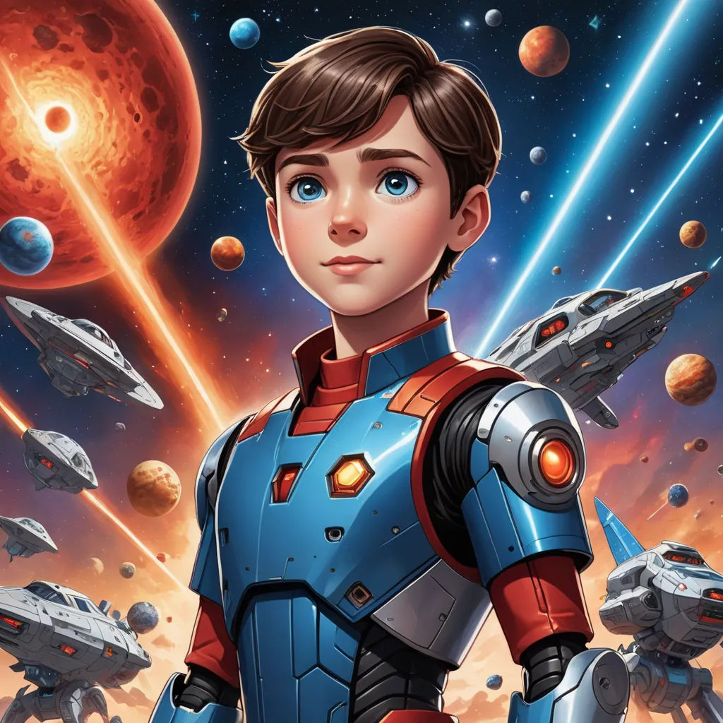 a young man in a space suit standing in front of a space station with planets and stars in the background, space art, poster art, Aaron Jasinski, comic cover art