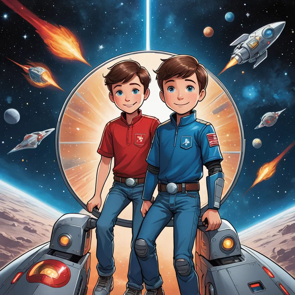 two boys are standing in front of a space station with a rocket ship in the background and a spaceship in the foreground, space art, poster art, Brothers Hildebrandt, comic cover art