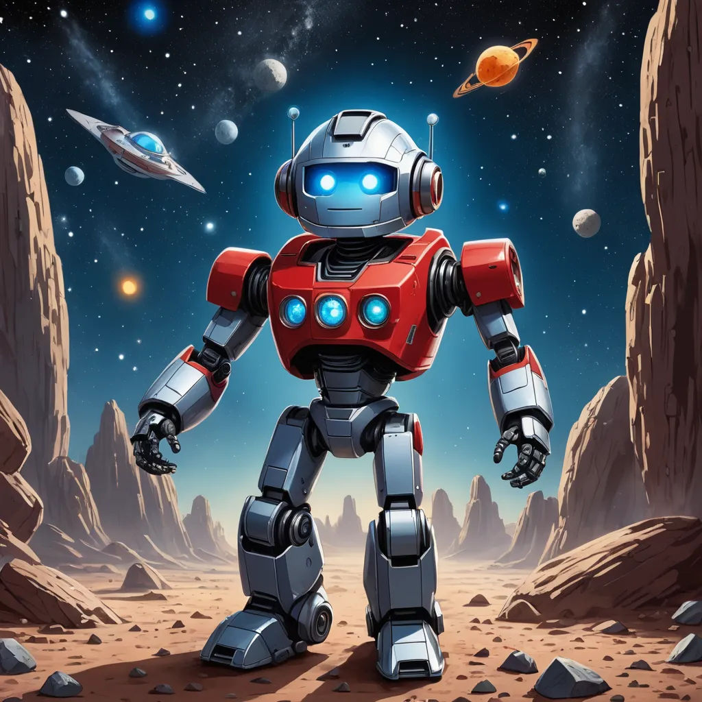 a robot standing in the middle of a desert area with planets in the background and a red and white robot with blue eyes, space art, concept art, Dan Mumford, robot