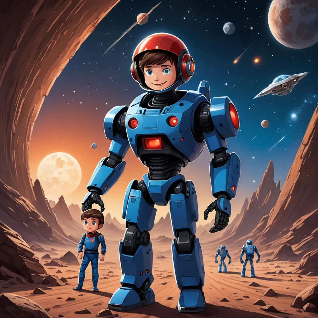 a cartoon of a man and a robot in a space setting with planets in the background and a boy standing in front of him, space art, a storybook illustration, Adam Rex, promotional image