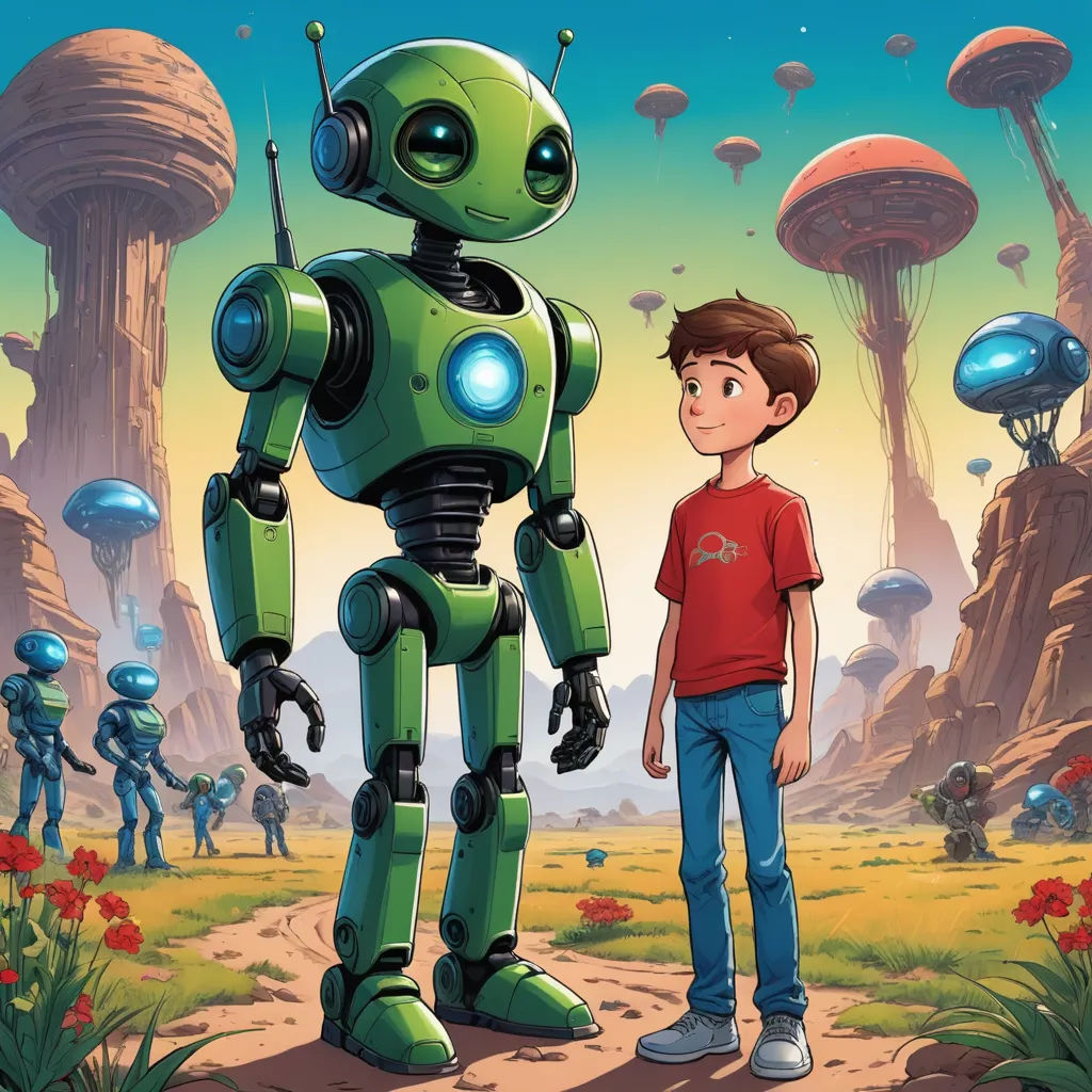 a boy standing next to a robot in a field of flowers and trees with other robots in the background, les automatistes, a storybook illustration, Aaron Jasinski, promotional image