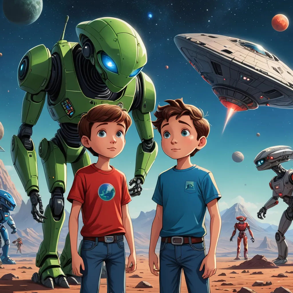 two boys standing in front of a robot and a space station in the background with a spaceship in the sky, space art, concept art, Diego Gisbert Llorens, promotional image