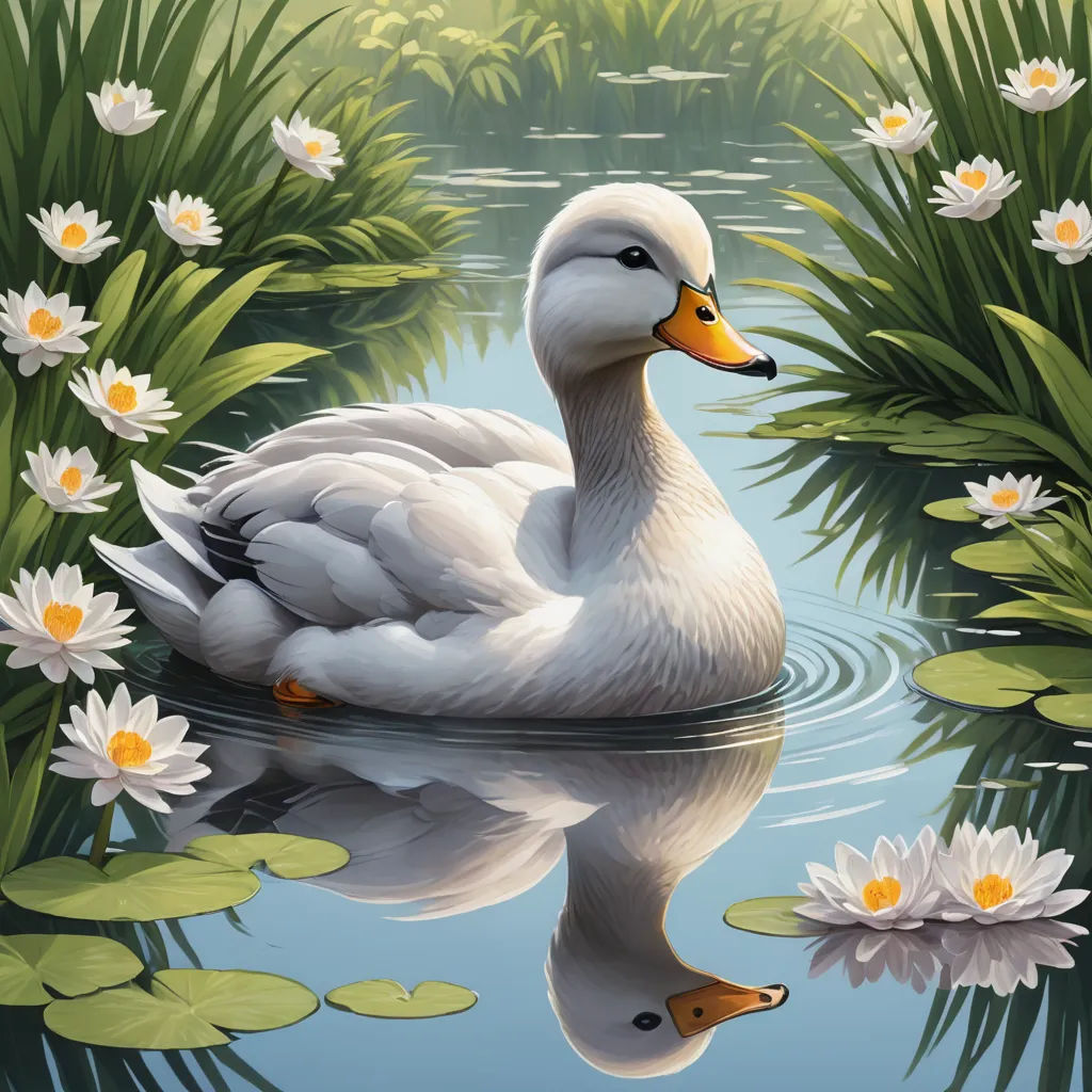 a duck floating on top of a lake surrounded by lily pads and water lillies with white flowers in the background, massurrealism, a storybook illustration, Chris LaBrooy, highly detailed digital painting