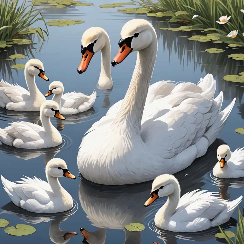 a group of white swans swimming in a pond with lily pads on the water's surface and lily pads on the water, magic realism, a storybook illustration, David Martin, highly detailed digital painting